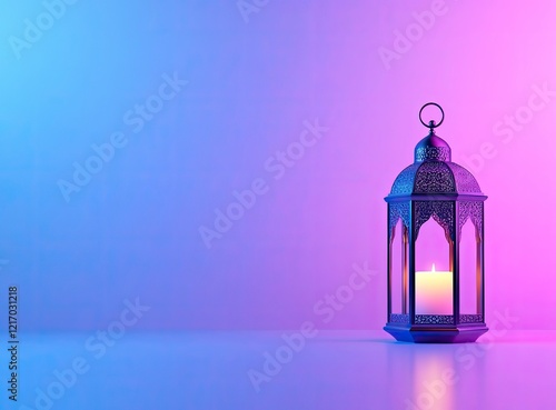 Ramadan background, colorful lantern on the right side with copy space, studio shot, blue and purple gradient, soft lights 