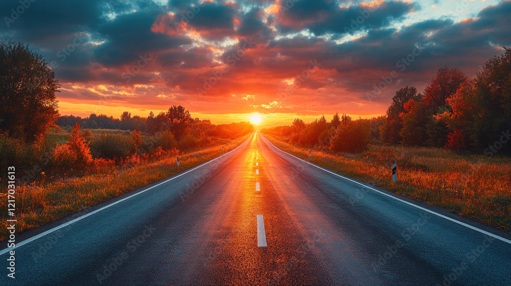 Naklejka premium A scenic view of an empty highway stretching into the horizon during a vibrant sunrise