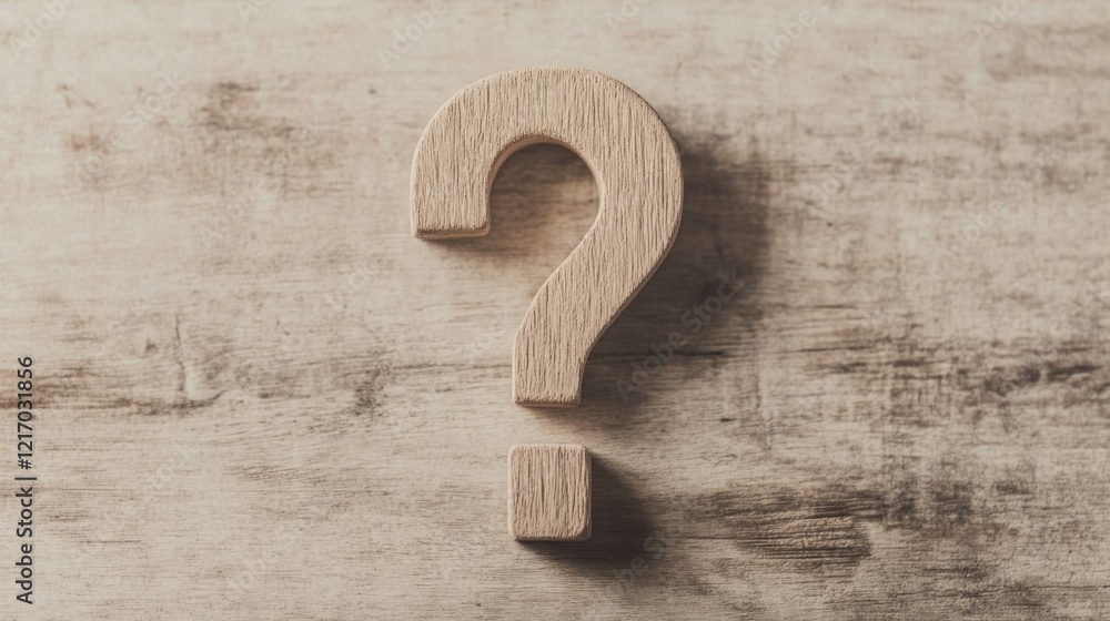 Wooden question mark symbol on a rustic wooden surface, representing inquiry and curiosity Wooden question mark symbol on a rustic wooden surface, representing inquiry and curiosity