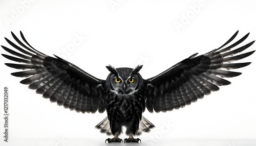 Majestic Black Owl with Wings Spread Wide Powerful Flight Bird Wildlife Photography Nature Image art dark eyes white night fauna   photo