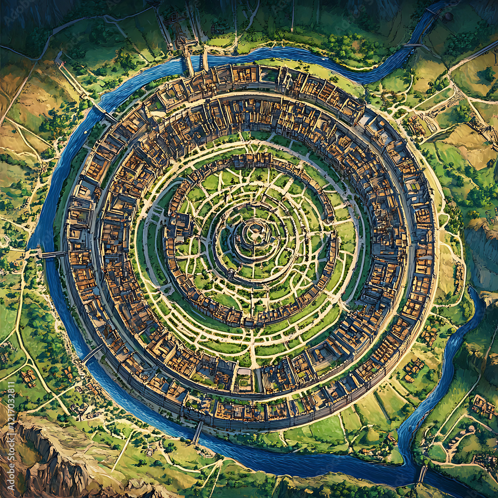 Fototapeta premium Aerial View of a Circular Fantasy City