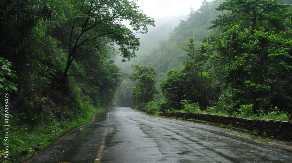 Obraz premium Rainy Road Through Lush Green Forest Mountains on a Cloudy Day Landscape