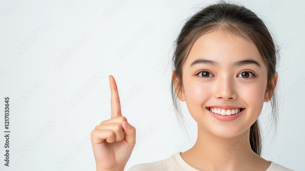 A cheerful young woman smiling and pointing upwards, symbolizing ideas and inspiration. Perfect for motivational content. A cheerful young woman smiling and pointing upwards, symbolizing ideas and inspiration. Perfect for motivational content.