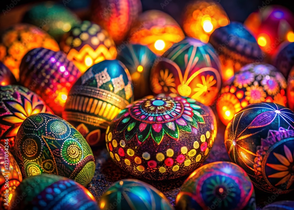 Obraz premium Night Photography: Easter Eggs Glowing in the Dark