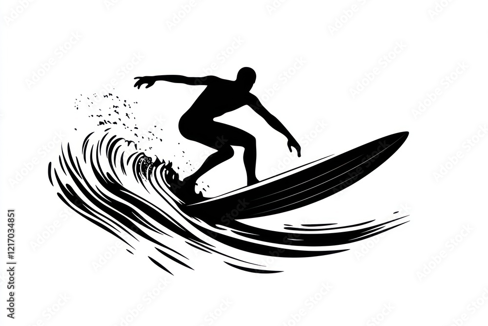 Fototapeta premium Surfer silhouette riding a wave, black and white illustration.