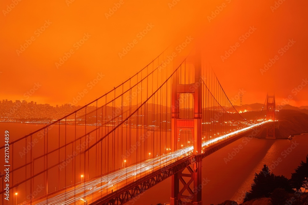 Fototapeta premium A long bridge lit up with many lights, often used for scenic views or night photography
