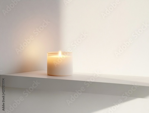 A white candle in a clear glass jar burns brightly on a minimalist white shelf, casting a warm glow and creating a sense of tranquility. photo