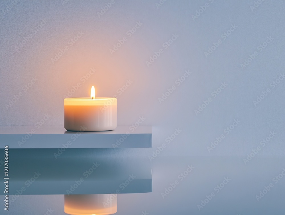 A white candle in a clear glass jar burns brightly on a minimalist white shelf, casting a warm glow and creating a sense of tranquility. A white candle in a clear glass jar burns brightly on a minimalist white shelf, casting a warm glow and creating a sense of tranquility.