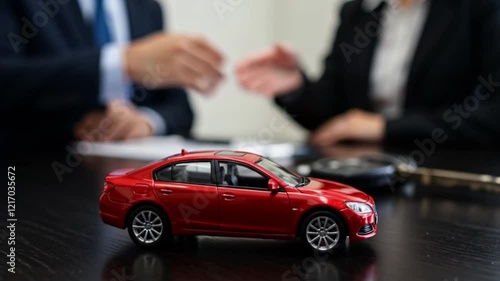 Negotiating car deal with red model car and key with business people