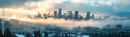 Wallpaper Mural A stunning skyline reveals modern buildings shrouded in mist, creating a serene atmosphere, with clouds softly illuminated by the morning light. Torontodigital.ca