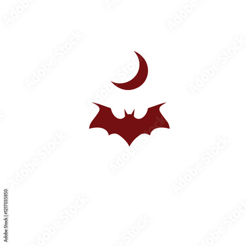 Silhouette of a crescent moon with flying bats on a white background