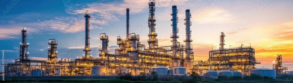 A stunning view of a modern industrial complex at sunset, featuring towering smokestacks and intricate machinery reflecting the evolving landscape of industry. A stunning view of a modern industrial complex at sunset, featuring towering smokestacks and intricate machinery reflecting the evolving landscape of industry.