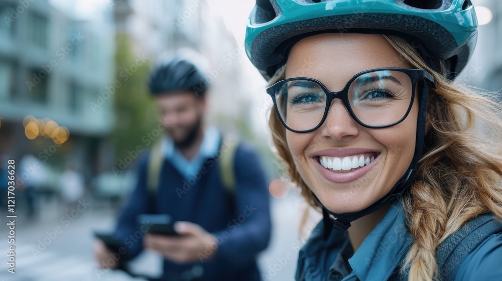 A cheerful cyclist wearing a helmet and glasses poses in an urban environment, showcasing the joy of biking and active lifestyle in a modern city. A cheerful cyclist wearing a helmet and glasses poses in an urban environment, showcasing the joy of biking and active lifestyle in a modern city.