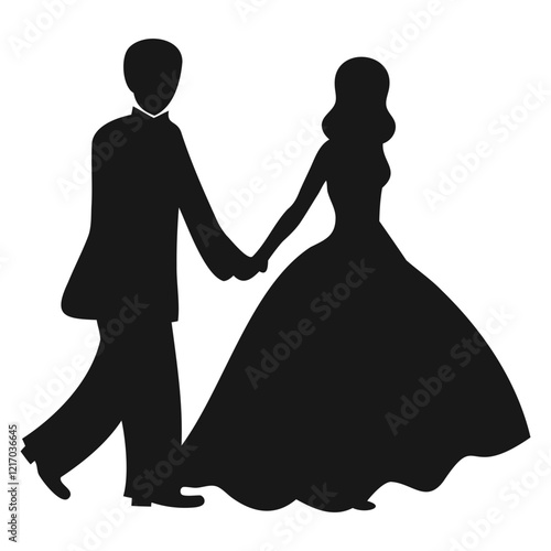 Black Silhouette vector illustration of a Wedding couple holding hands and walking  isolated on a transparent background