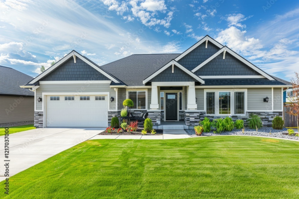 New single family home with two car garage, landscaped yard, and blue sky New single family home with two car garage, landscaped yard, and blue sky