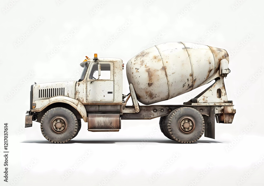 A transient, temporary concrete mixer truck, white in color, isolated against a background. A transient, temporary concrete mixer truck, white in color, isolated against a background.