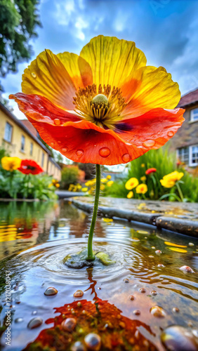 A large floppy poppy with rubbery overhanging petals in bright red and yellow photo