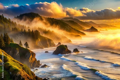 Oregon Coast Fog, Long Exposure Seascape, Dramatic Coastal Scene, Misty Pacific Ocean