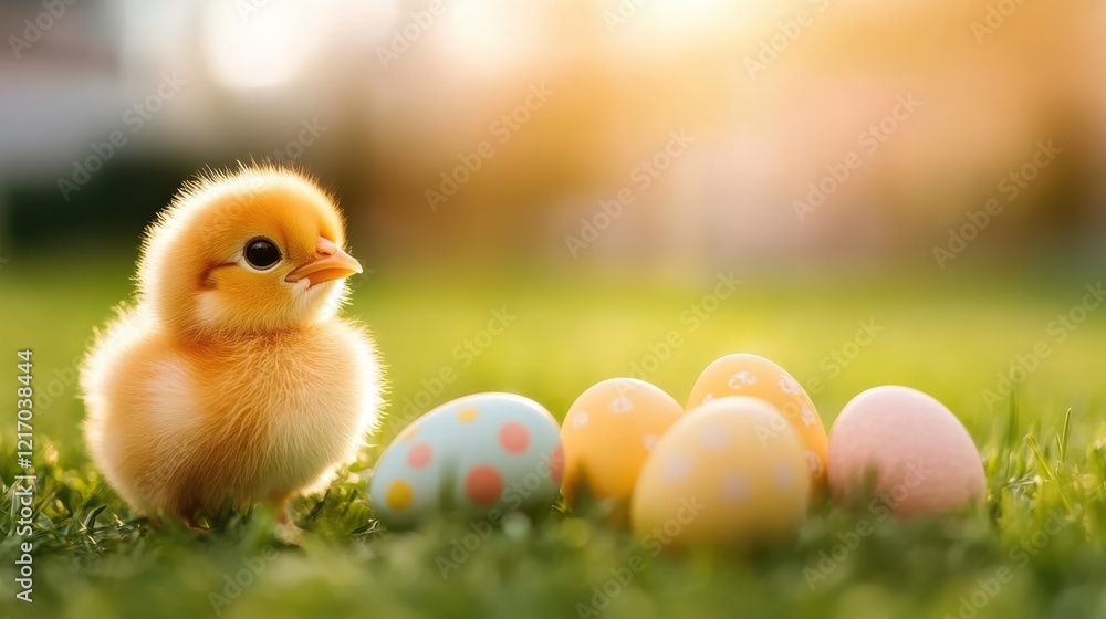 A fuzzy yellow chick gazes at an array of pastel-colored Easter eggs, set against a lush green backdrop that signifies the joy and renewal of spring celebrations and traditions. A fuzzy yellow chick gazes at an array of pastel-colored Easter eggs, set against a lush green backdrop that signifies the joy and renewal of spring celebrations and traditions.