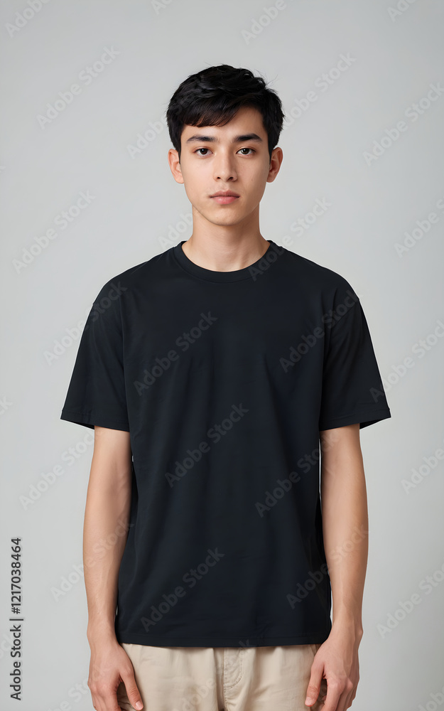 a man wearing a black t - shirt and tan pants a man wearing a black t - shirt and tan pants