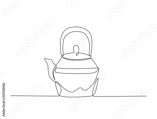 Continuous one line drawing of kitchen teapot - tea pot. Kettle for brewing tea  in single line draw illustration. Editable stroke.