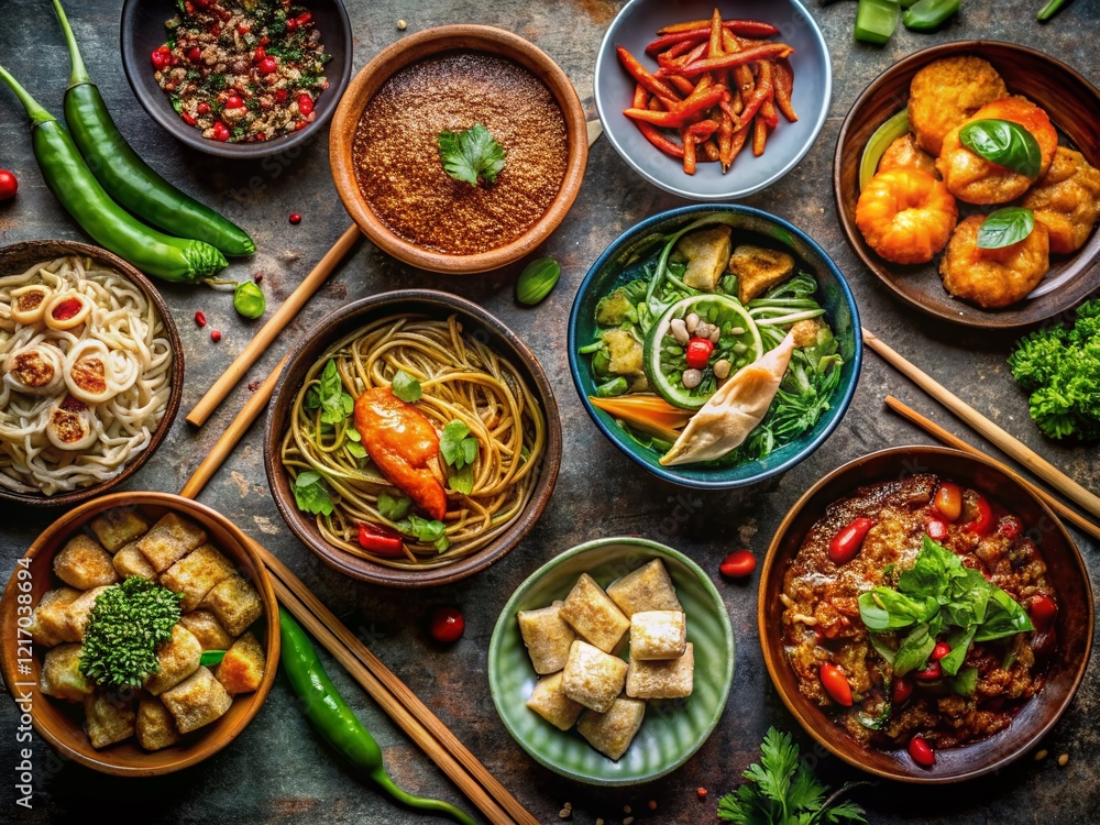 Overhead View of Colorful Asian Food Bowls - Diverse Cuisine Overhead View of Colorful Asian Food Bowls - Diverse Cuisine