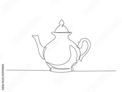 Continuous one line drawing of kitchen teapot - tea pot. Kettle for brewing tea  in single line draw illustration. Editable stroke.