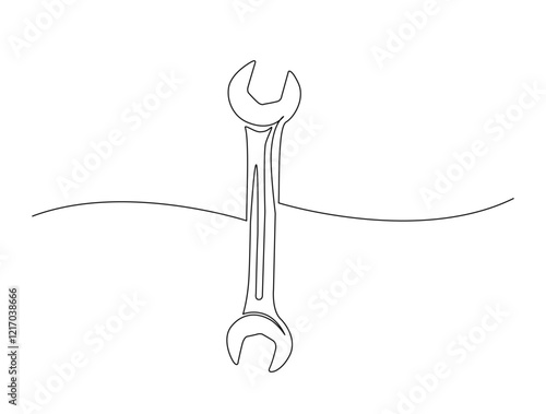 Continuous one line drawing of wrench- engineer equipment. Wrench in single line draw illustration. Editable stroke.