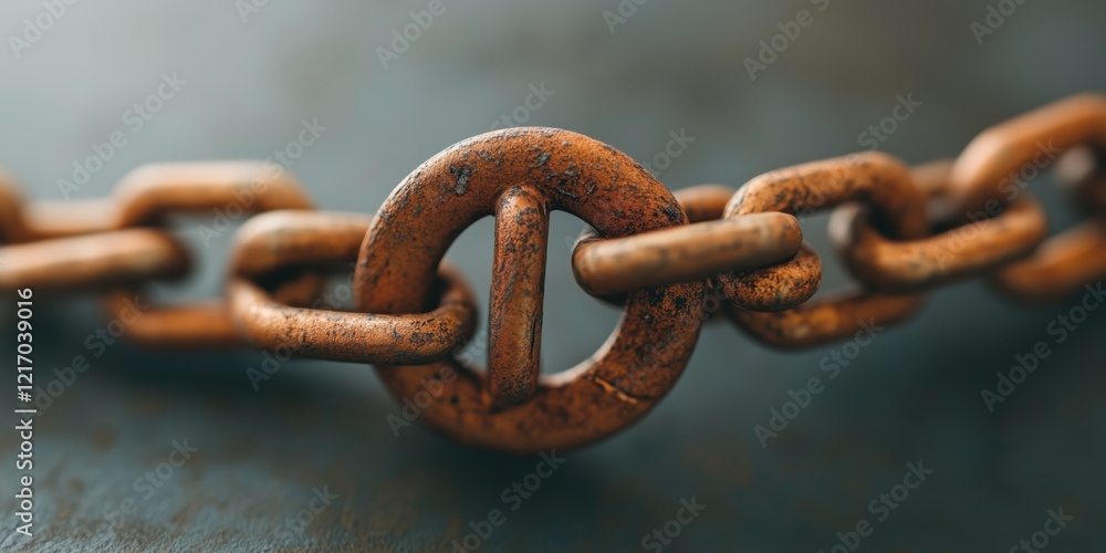 Fototapeta premium Rusty metal chain link laying on a dark surface with a focus on its texture at midday