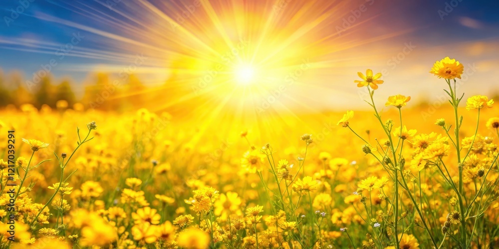 Obraz premium A vibrant hot summer sun with lens flare casting a warm glow on a bright yellow blooming field of flowers