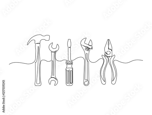 Continuous one line drawing of pliers, wrench, hammer - engineering equipment. Mechanical tool kit  in single line draw illustration. Editable stroke.