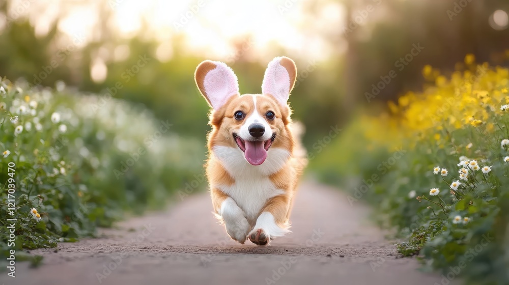 An adorable corgi with bunny ears joyfully leaps through a blooming garden, radiating playfulness and happiness in this serene, natural setting. An adorable corgi with bunny ears joyfully leaps through a blooming garden, radiating playfulness and happiness in this serene, natural setting.