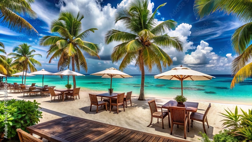 Fototapeta premium Panoramic Beach Cafe: Coastal Relaxation & Ocean Views