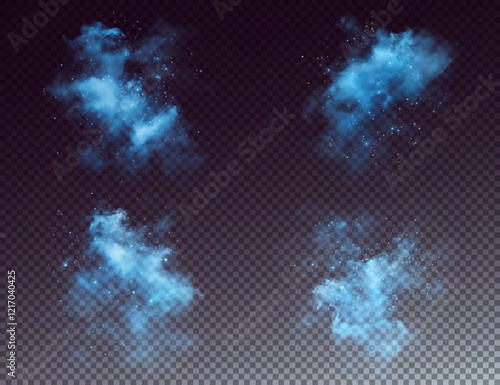captivating swirl of vibrant blue smoke adorned with shimmering starry particles and glowing glitter. The ethereal mist blends with hints of blue vapor stardust, all set against a deep black backd