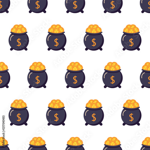 Seamless Pattern of Pots of Gold. A seamless pattern featuring black pots filled with gold coins and dollar symbols, ideal for festive St. Patrick's Day or financial themes. Vector illustration