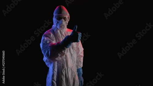 Scientist in PPE giving a thumbs up in a dark room