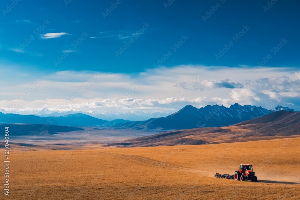 Tractor plowing golden fields under blue sky with distant mountains in daytime landscape Tractor plowing golden fields under blue sky with distant mountains in daytime landscape