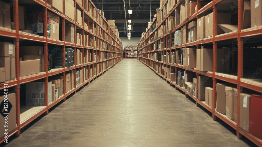 A spacious warehouse with organized shelves filled with boxes, highlighting efficient storage solutions A spacious warehouse with organized shelves filled with boxes, highlighting efficient storage solutions