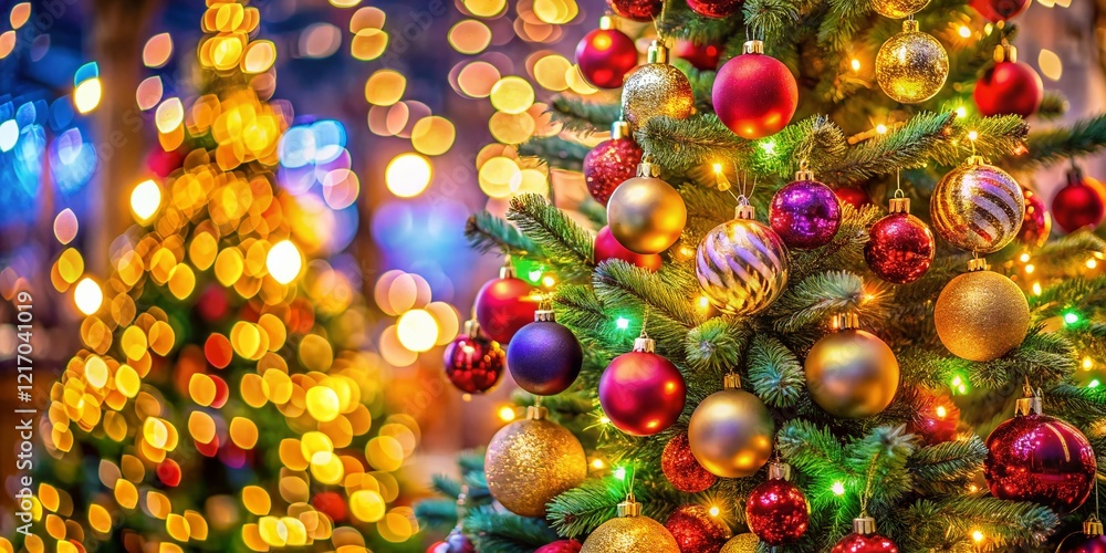 Panoramic Christmas Tree Background: Festive Holiday Scene with Sparkling Lights and Ornaments Panoramic Christmas Tree Background: Festive Holiday Scene with Sparkling Lights and Ornaments