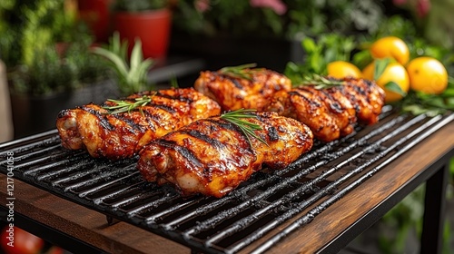 Grilled chicken, rosemary, lemons, outdoors, BBQ photo