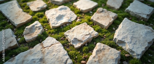 A captivating view of irregularly shaped stones laid on a vibrant green moss carpet creates a serene outdoor scene. This harmonious blend of textures evokes a sense of tranquility and connection to photo