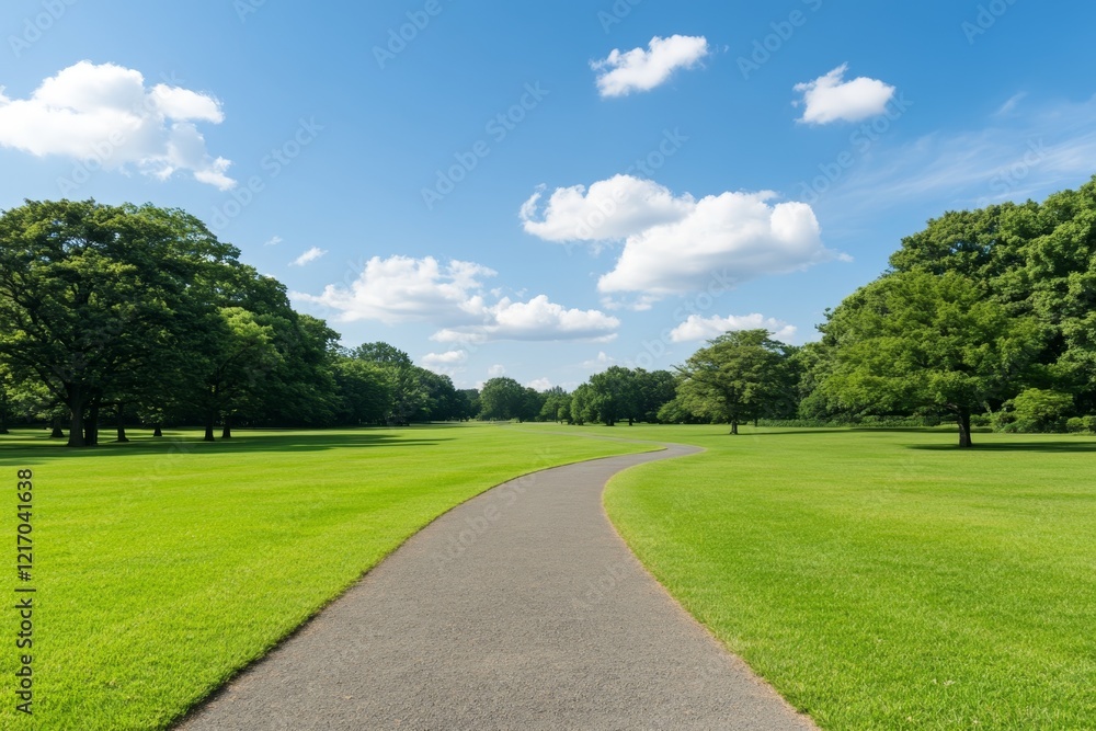 Serene park pathway under bright sky with fluffy clouds Serene park pathway under bright sky with fluffy clouds