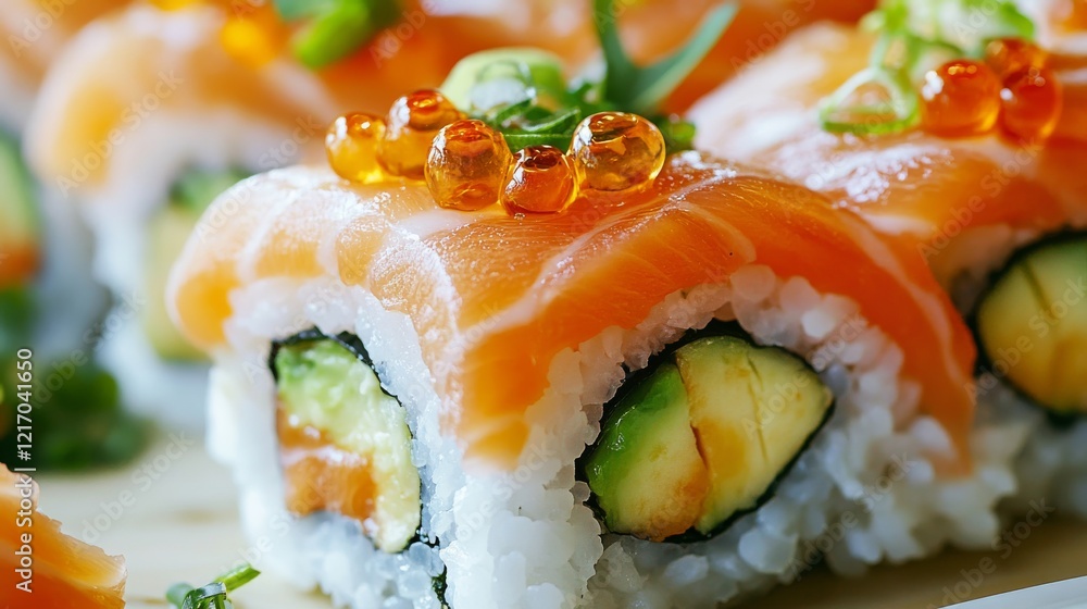 Close-up of rice and Japanese sushi with salmon and avocado on a traditional Japanese sushi plate, emphasizing fresh and delicate qualities. Ideal for Japanese cuisine and fine dining.