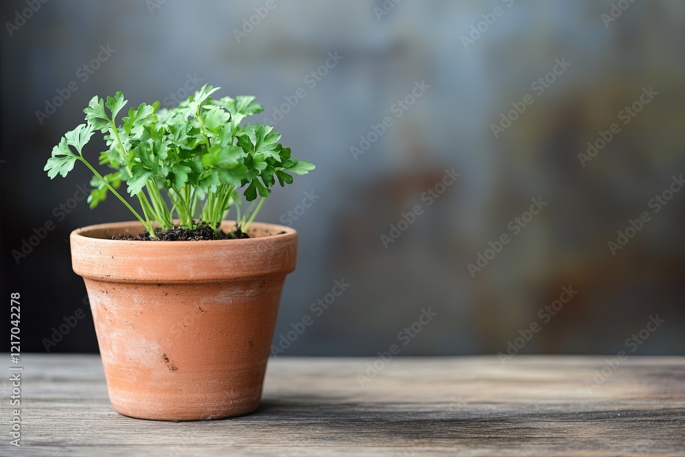 A single clay pot with sprouting parsley resting on a smooth wooden surface. picture A single clay pot with sprouting parsley resting on a smooth wooden surface. picture