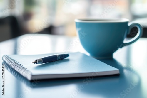 A cup of coffee and a notebook sit on a table, ready for use photo