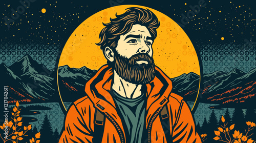 illustration of a bearded man in an orange jacket against a mountain background