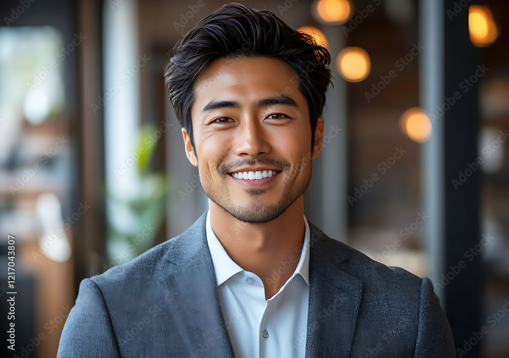 Fototapeta premium Confident Professional Asian Businessman Portrait in Office Setting with Warm Lighting and Friendly Expression
