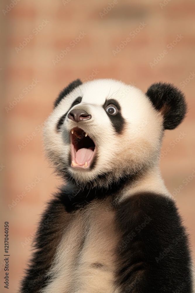 Obraz premium A wide-eyed panda with a surprised expression is isolated on a vibrant pink background, creating a playful and eye-catching image.