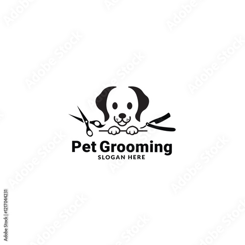 pet grooming icon, animal grooming salon, dog or cat paw, scissors with comb for groomer, flat symbol - editable stroke vector illustration