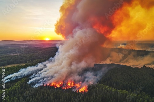 A massive column of smoke billows from the treetops, suggesting a significant fire or disturbance in the forest photo